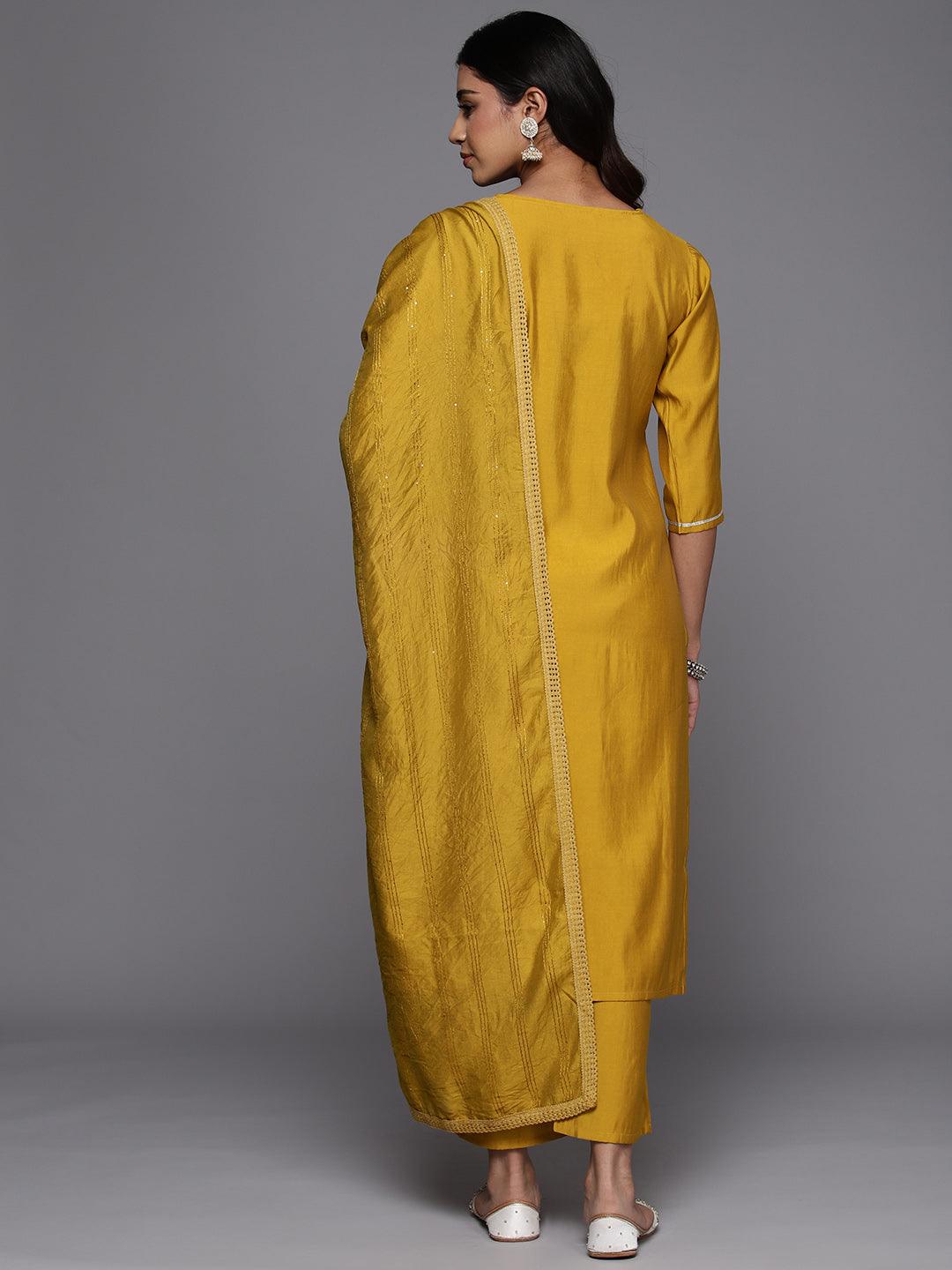 Mustard Embroidered Silk Blend Straight Kurta With Trousers & Dupatta - Libas 