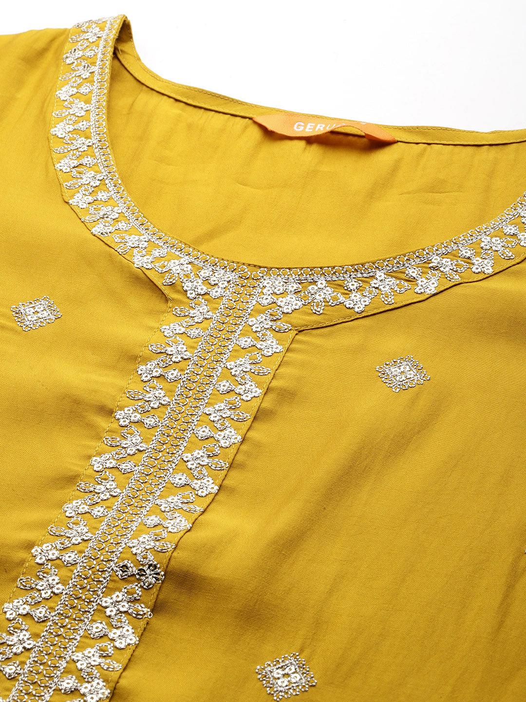 Mustard Embroidered Silk Blend Straight Kurta With Trousers & Dupatta - Libas 