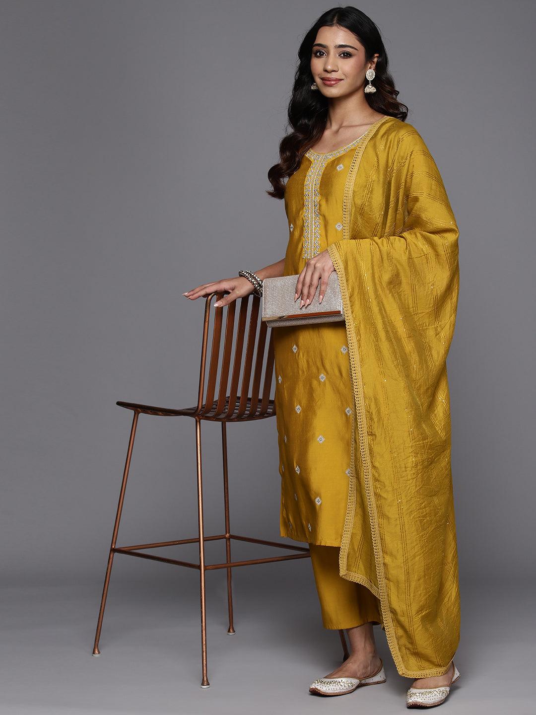 Mustard Embroidered Silk Blend Straight Kurta With Trousers & Dupatta - Libas 