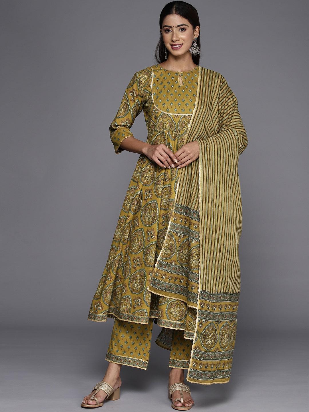 Mustard Printed Cotton Anarkali Kurta With Trousers & Dupatta - Libas