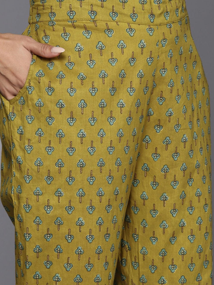 Mustard Printed Cotton Anarkali Kurta With Trousers & Dupatta - Libas