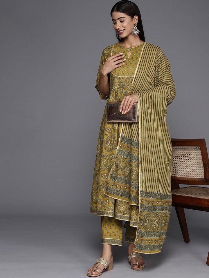 Mustard Printed Cotton Anarkali Kurta With Trousers & Dupatta - Libas