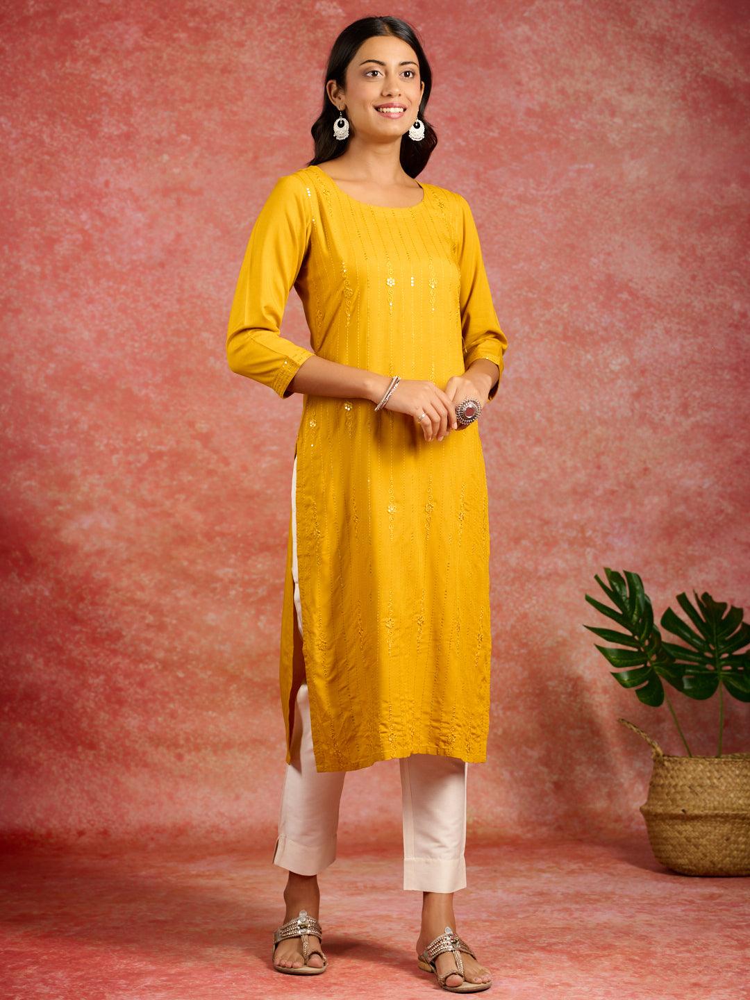 Mustard Sequins Rayon Straight Kurta - Libas