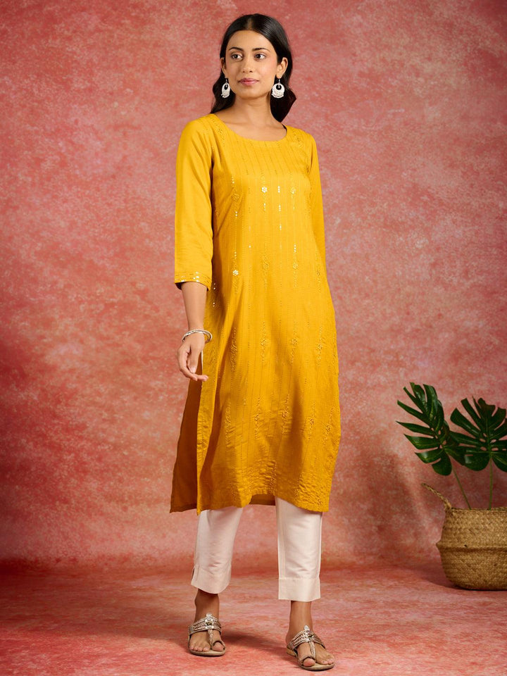 Mustard Sequins Rayon Straight Kurta - Libas