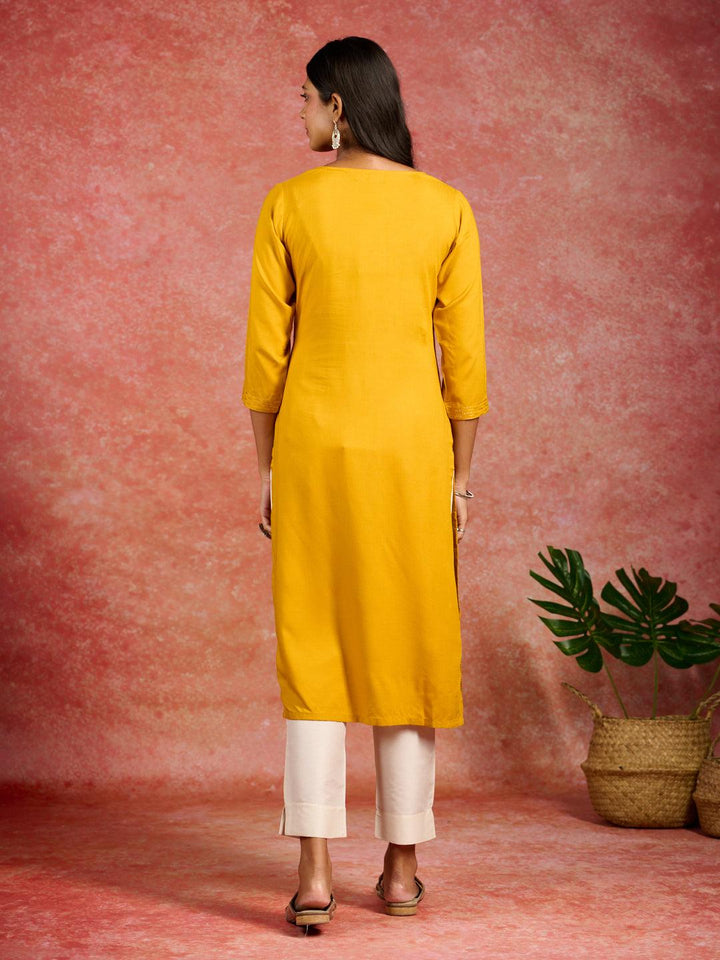 Mustard Sequins Rayon Straight Kurta - Libas