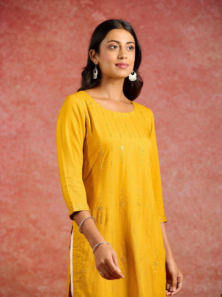 Mustard Sequins Rayon Straight Kurta - Libas