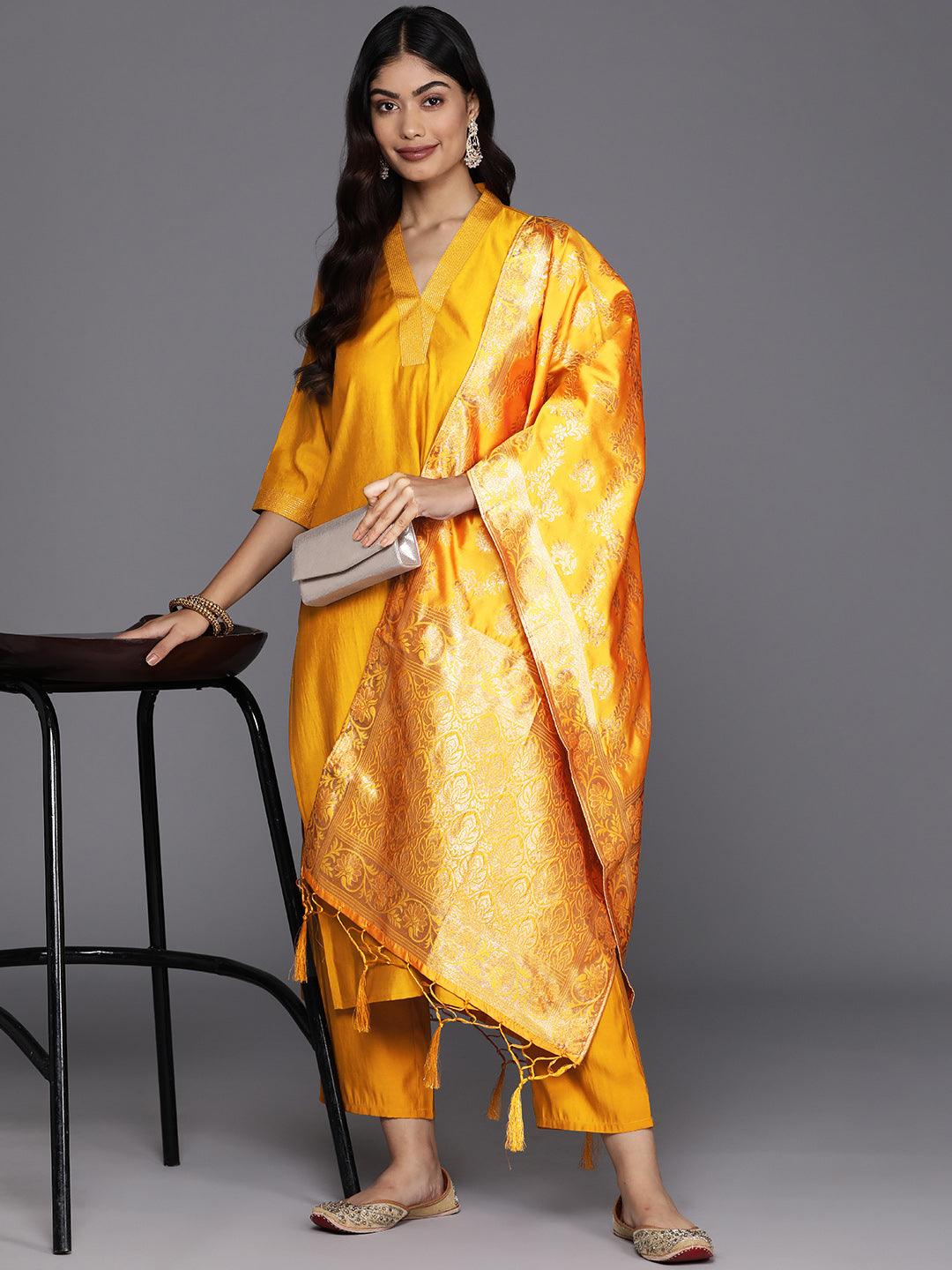 Mustard Solid Silk Blend Straight Kurta With Trousers & Dupatta - Libas 