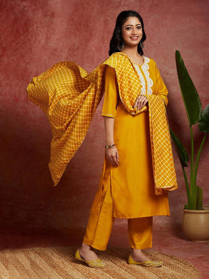 Mustard Solid Silk Blend Straight Kurta With Trousers & Dupatta - Libas