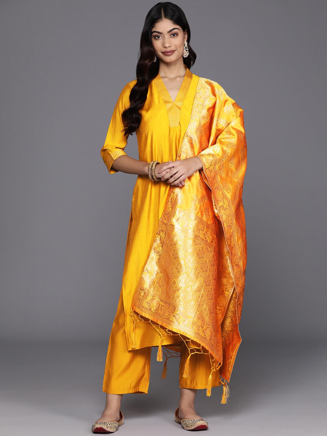 Mustard Solid Silk Blend Straight Kurta With Trousers & Dupatta - Libas 