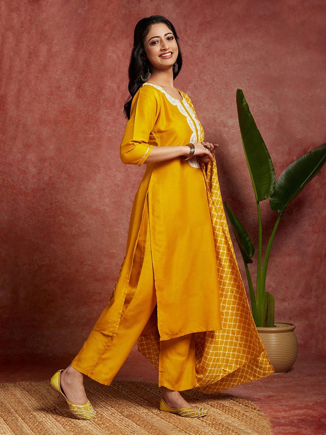 Mustard Solid Silk Blend Straight Kurta With Trousers & Dupatta - Libas