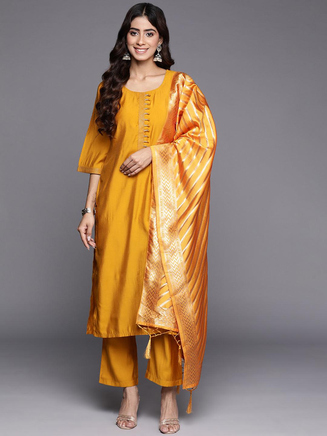 Mustard Solid Silk Blend Straight Kurta With Trousers & Dupatta - Libas