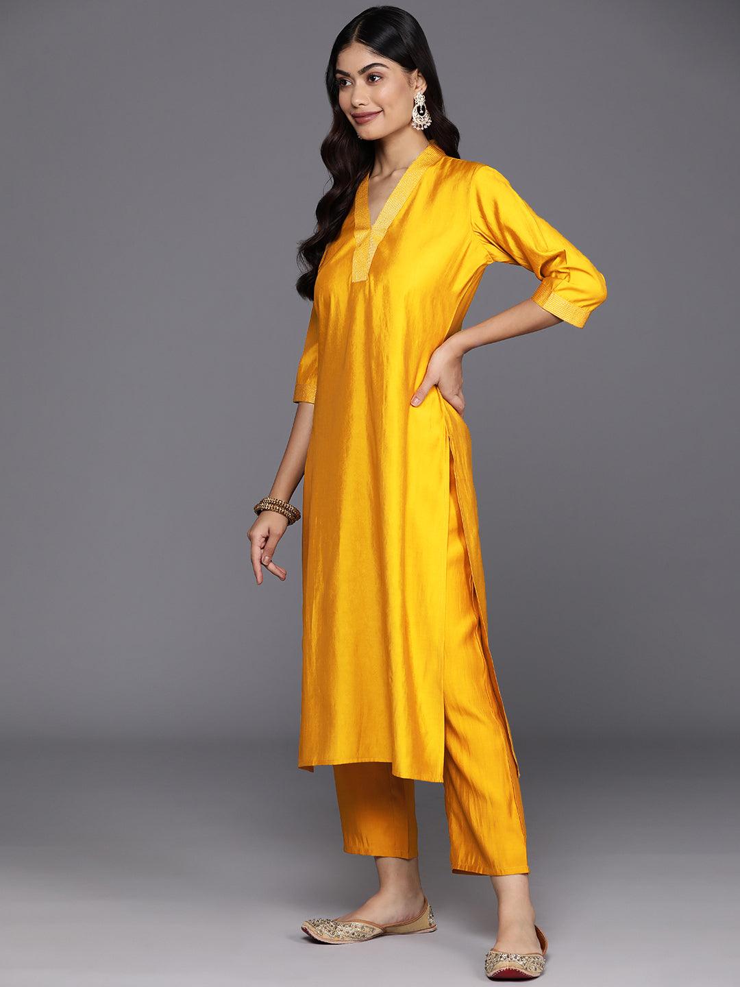 Mustard Solid Silk Blend Straight Kurta With Trousers & Dupatta - Libas 