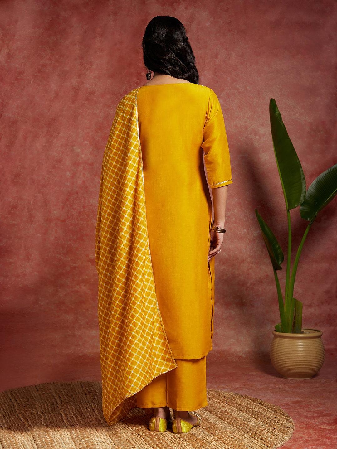 Mustard Solid Silk Blend Straight Kurta With Trousers & Dupatta - Libas