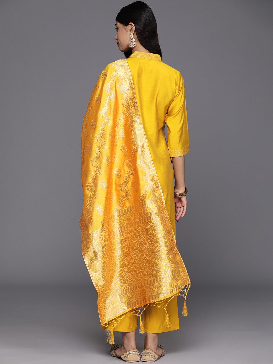 Mustard Solid Silk Blend Straight Kurta With Trousers & Dupatta - Libas 