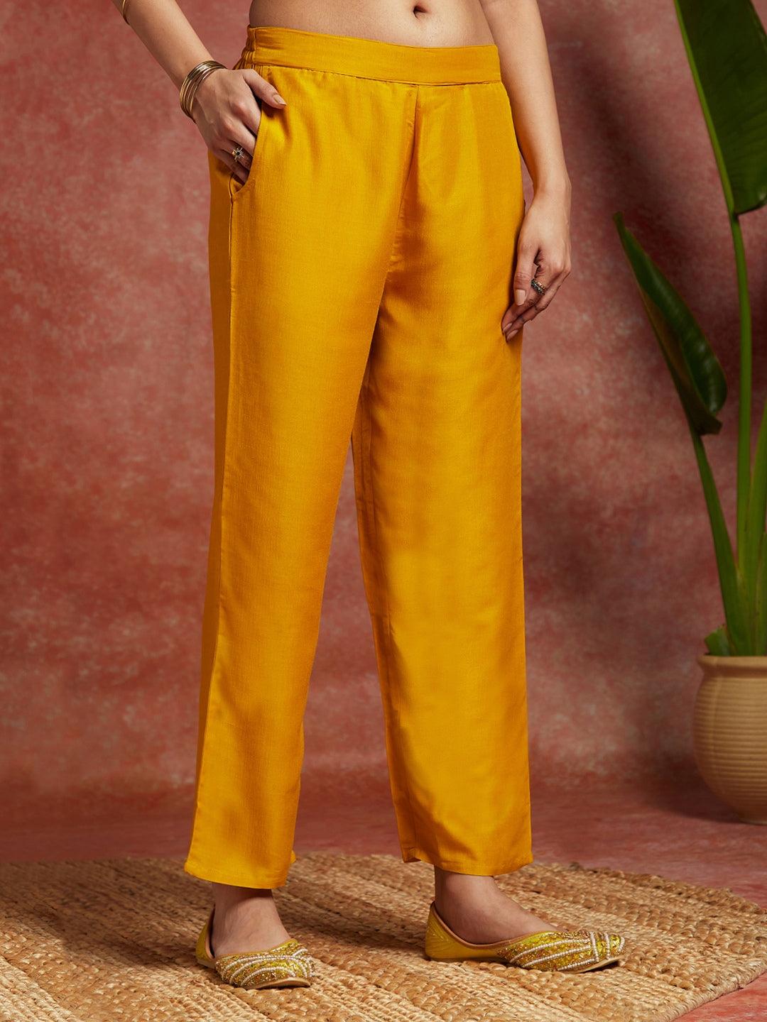 Mustard Solid Silk Blend Straight Kurta With Trousers & Dupatta - Libas