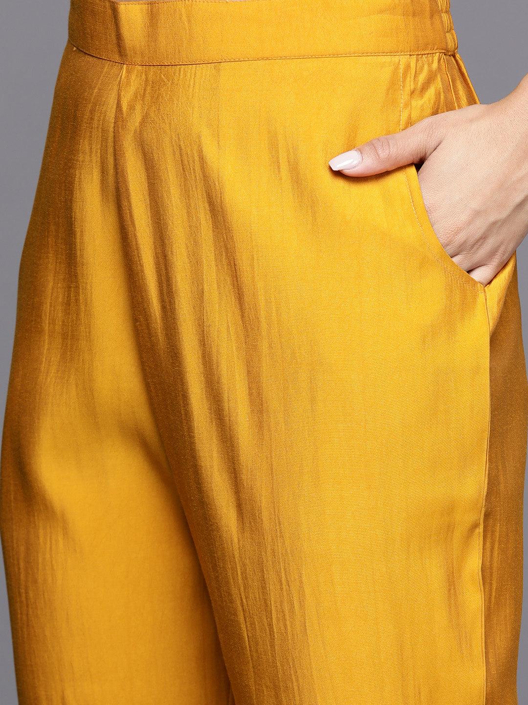 Mustard Solid Silk Blend Straight Kurta With Trousers & Dupatta - Libas