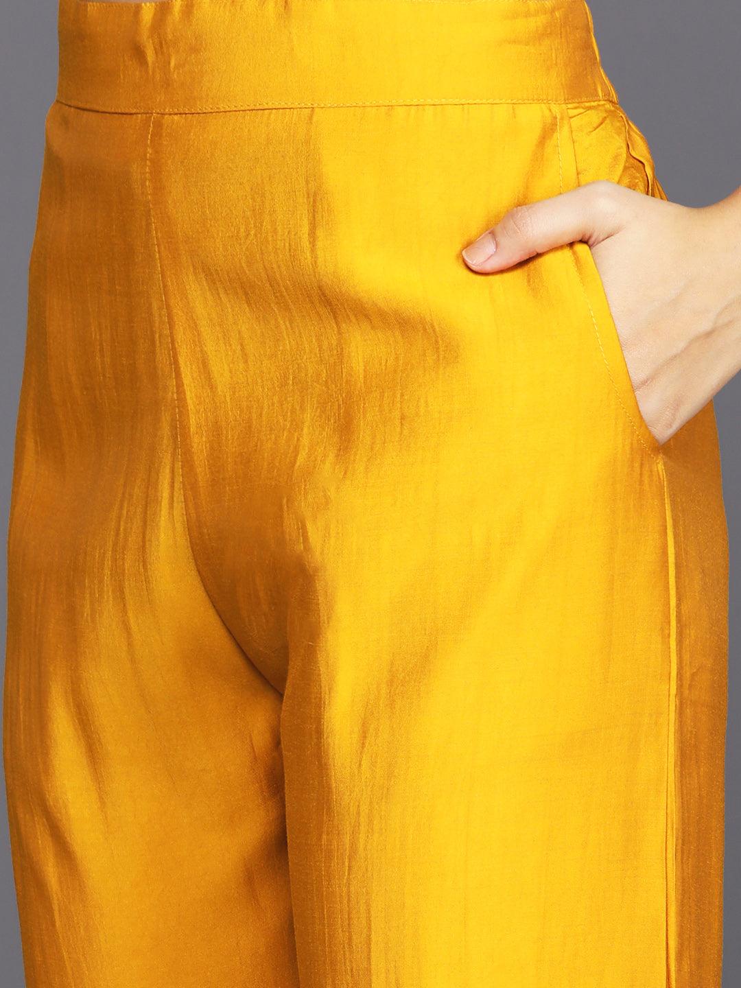 Mustard Solid Silk Blend Straight Kurta With Trousers & Dupatta - Libas 