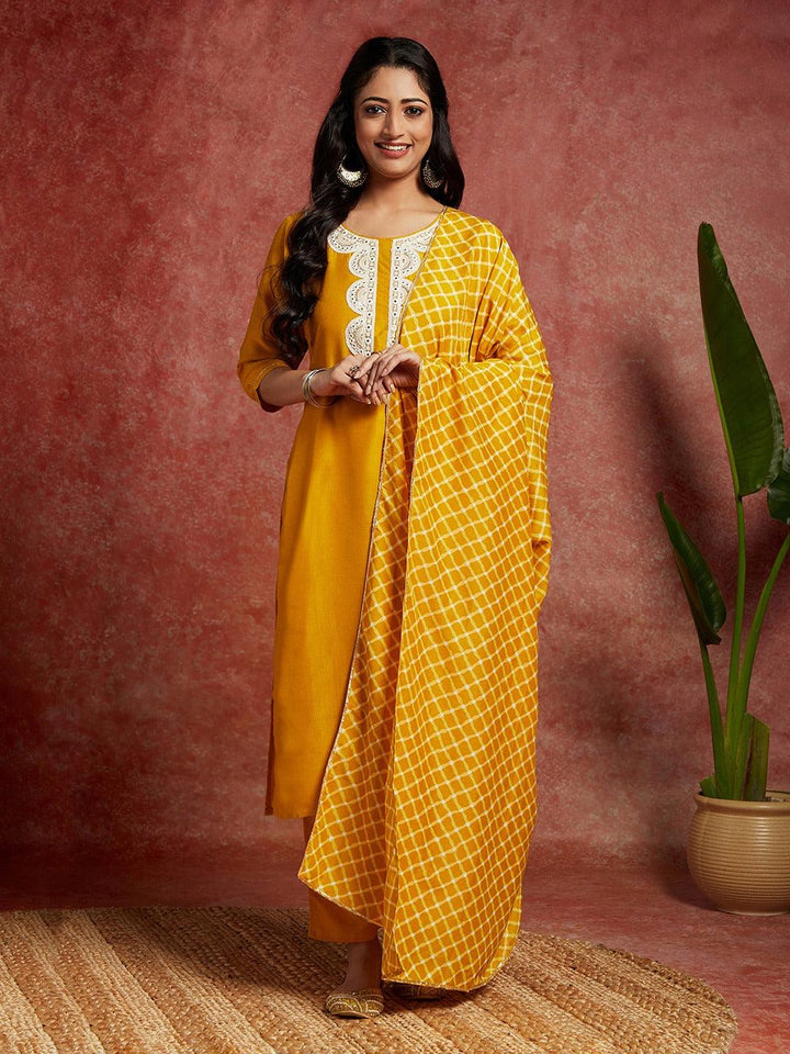 Mustard Solid Silk Blend Straight Kurta With Trousers & Dupatta - Libas