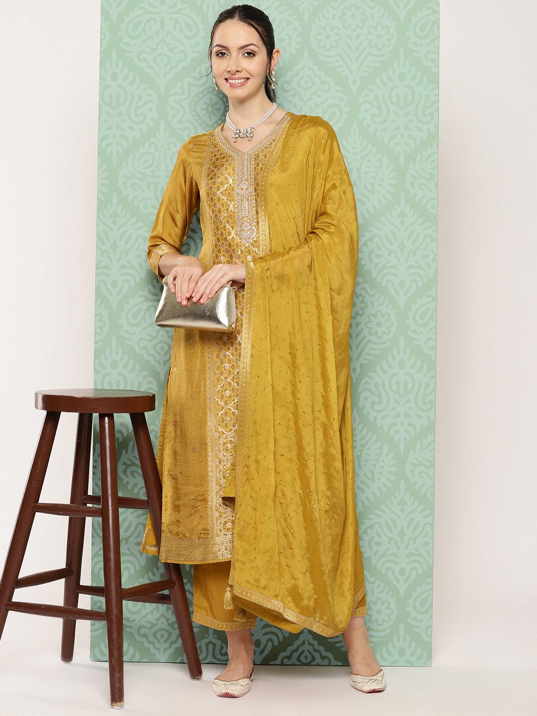 Mustard Woven Design Silk Blend Straight Kurta With Trousers & Dupatta - Libas