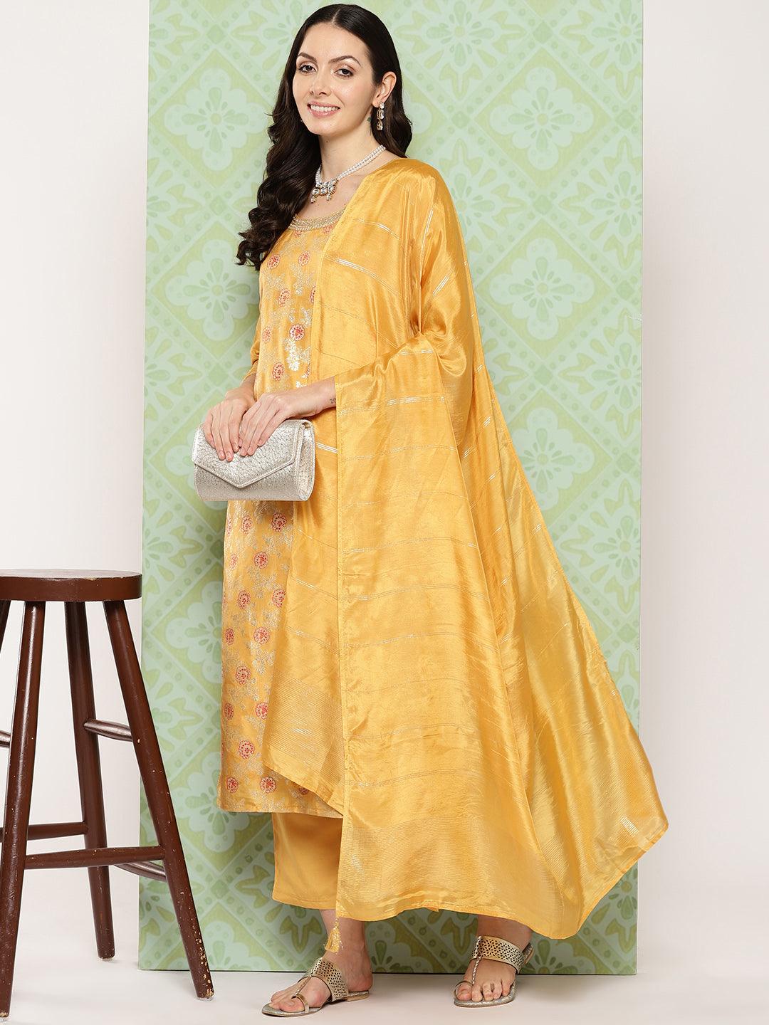 Mustard Woven Design Silk Blend Straight Kurta With Trousers & Dupatta - Libas