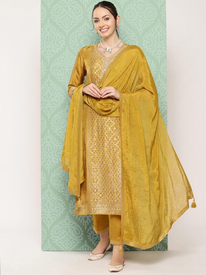 Mustard Woven Design Silk Blend Straight Kurta With Trousers & Dupatta - Libas