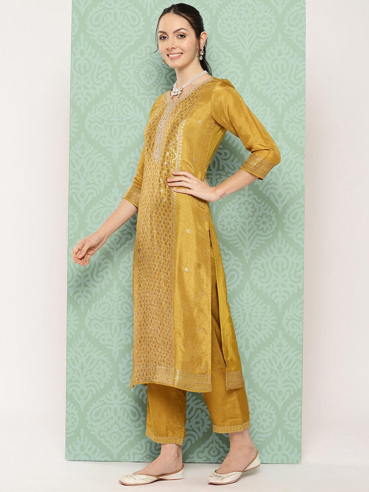 Mustard Woven Design Silk Blend Straight Kurta With Trousers & Dupatta - Libas