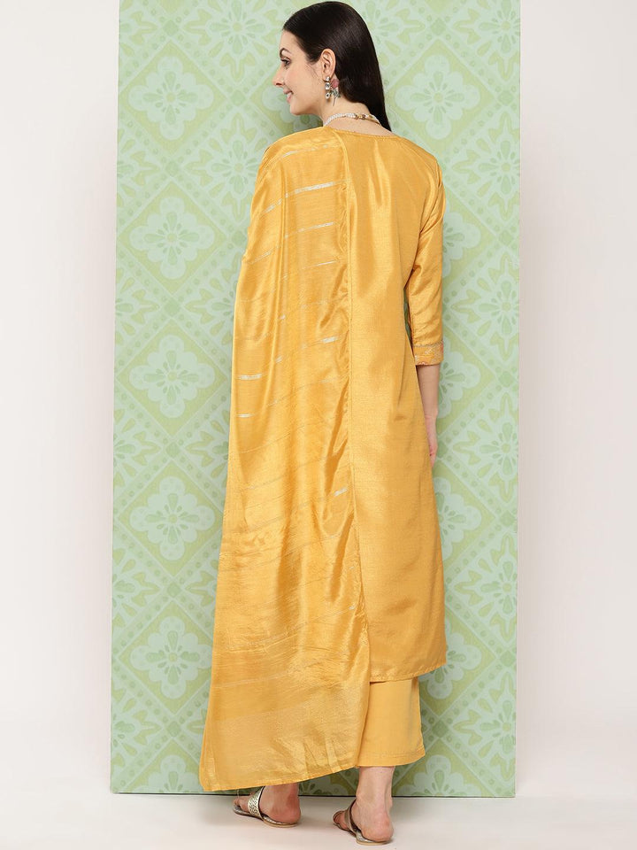 Mustard Woven Design Silk Blend Straight Kurta With Trousers & Dupatta - Libas