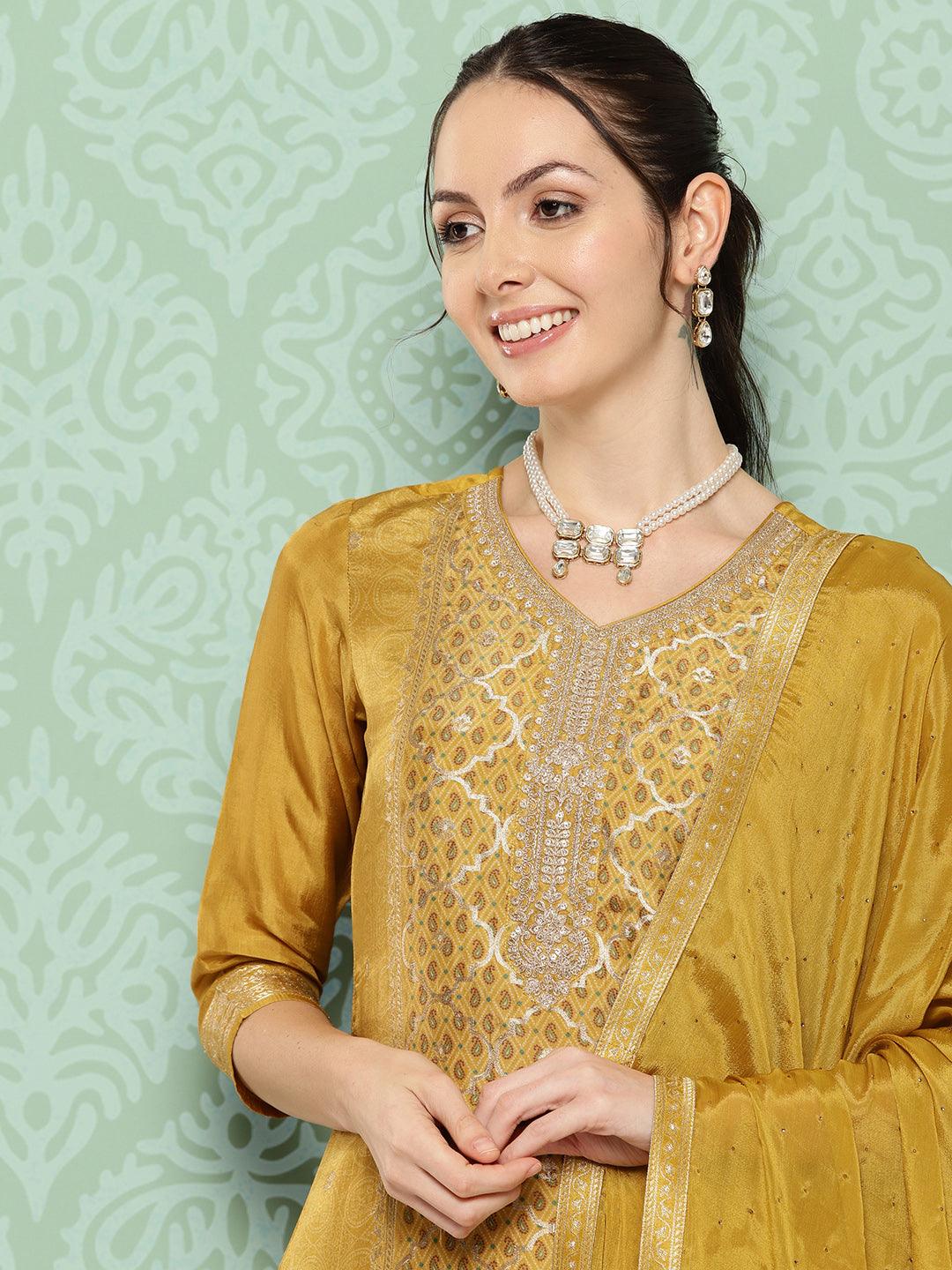 Mustard Woven Design Silk Blend Straight Kurta With Trousers & Dupatta - Libas