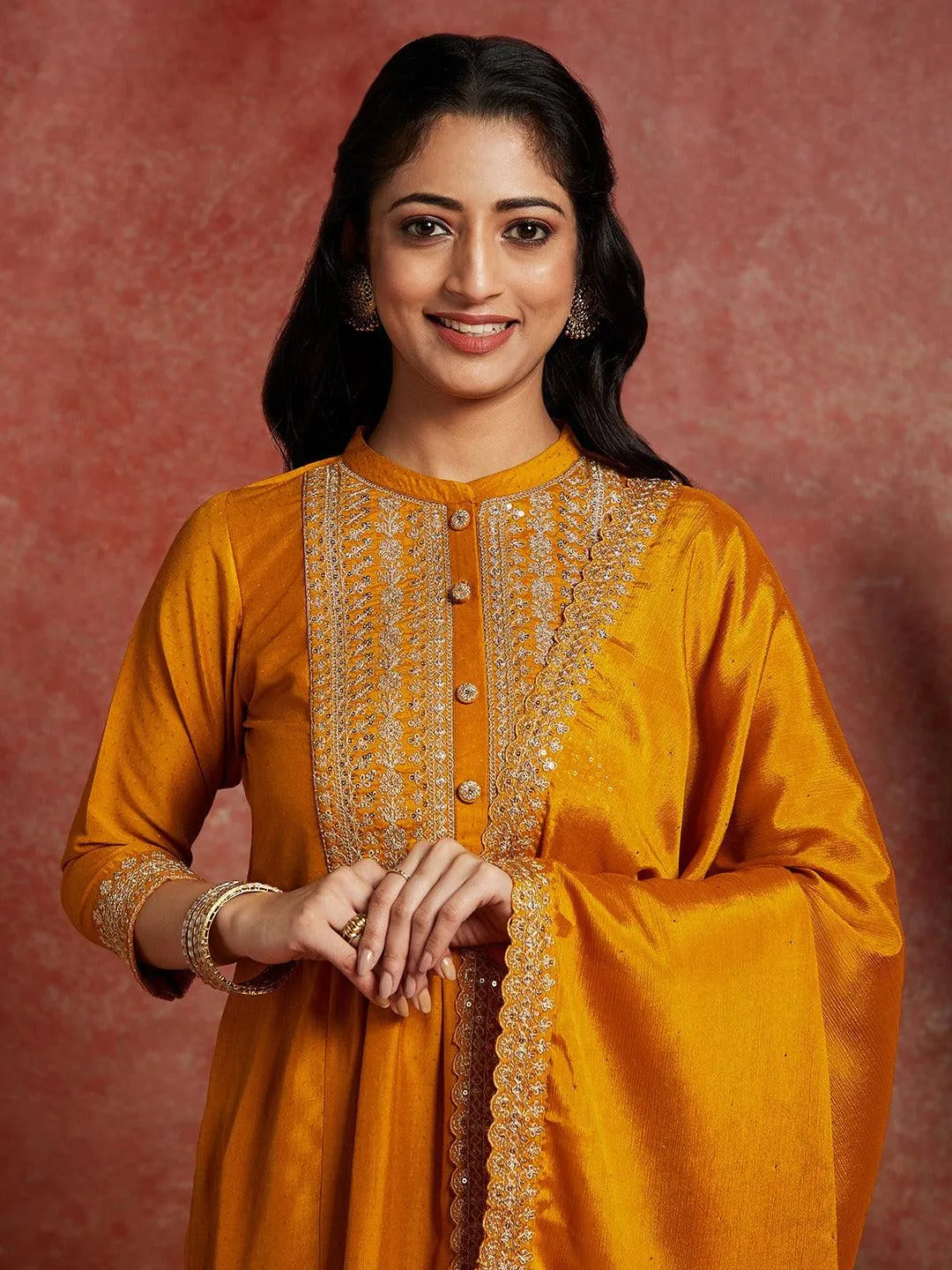 Mustard Yoke Design Silk Blend A-Line Kurta With Trousers & Dupatta - Libas