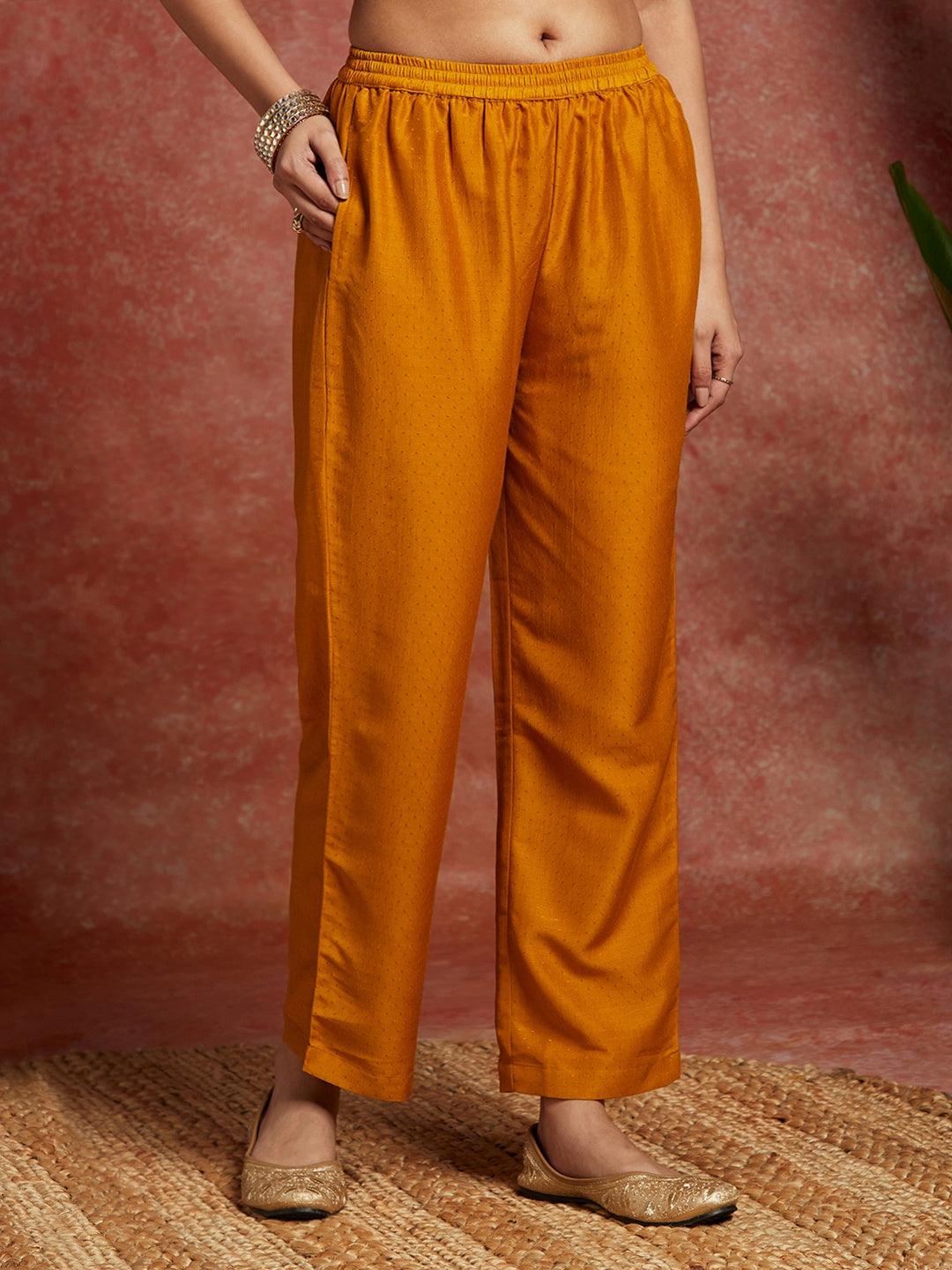 Mustard Yoke Design Silk Blend A-Line Kurta With Trousers & Dupatta