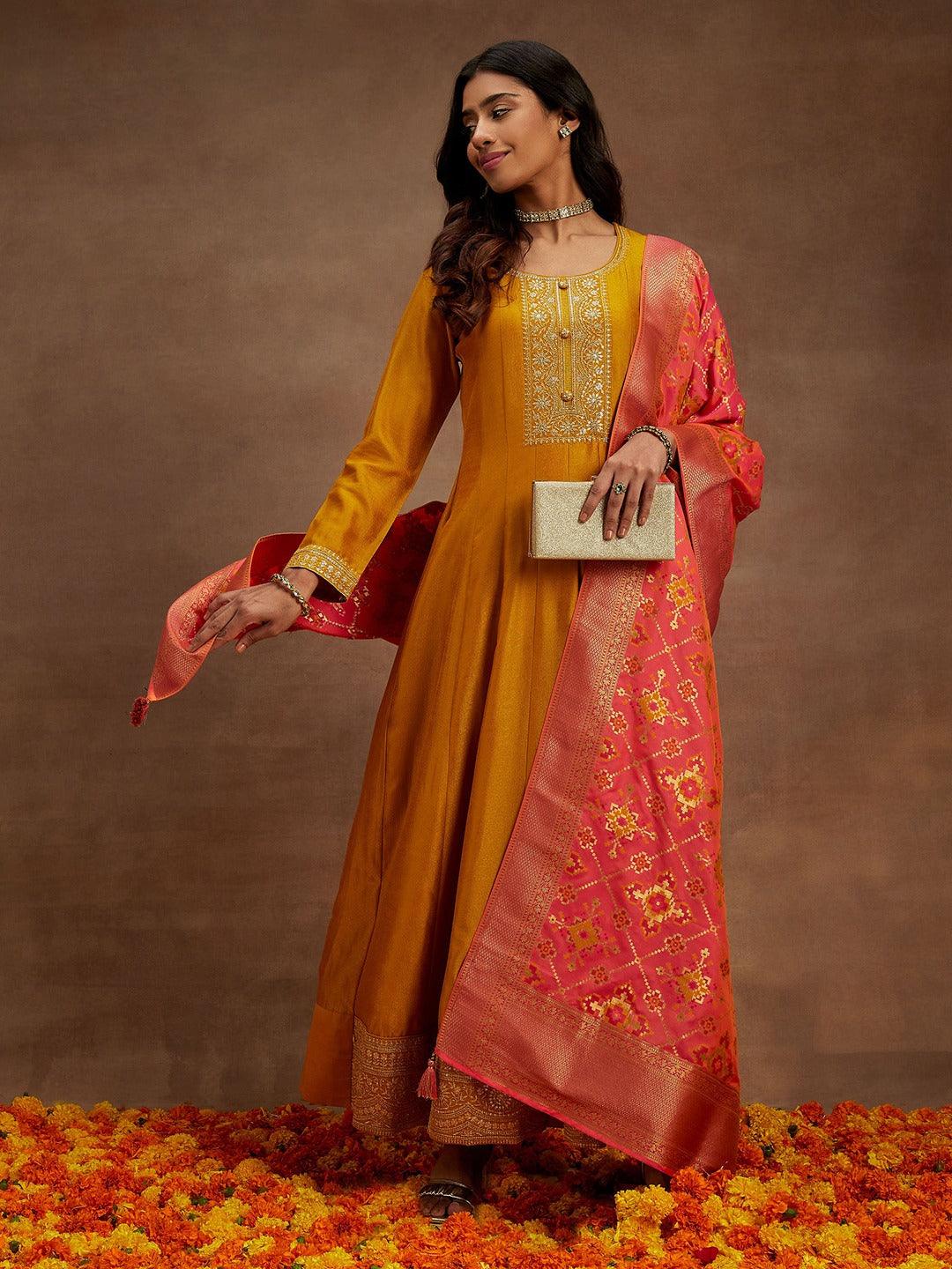 Mustard Yoke Design Silk Blend Anarkali Kurta With Trousers & Dupatta - Libas