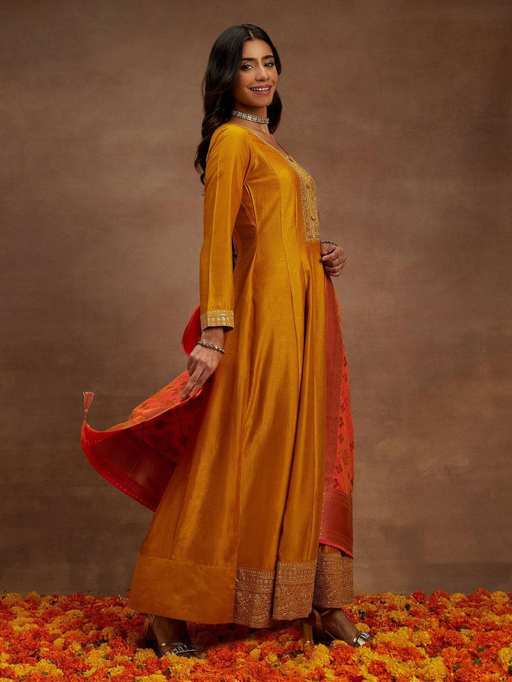 Mustard Yoke Design Silk Blend Anarkali Kurta With Trousers & Dupatta - Libas