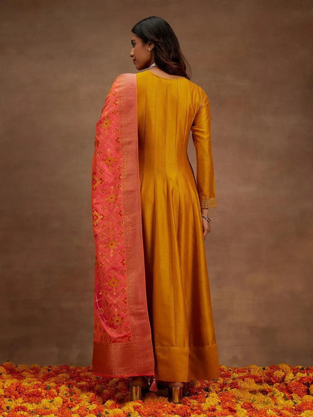 Mustard Yoke Design Silk Blend Anarkali Kurta With Trousers & Dupatta - Libas