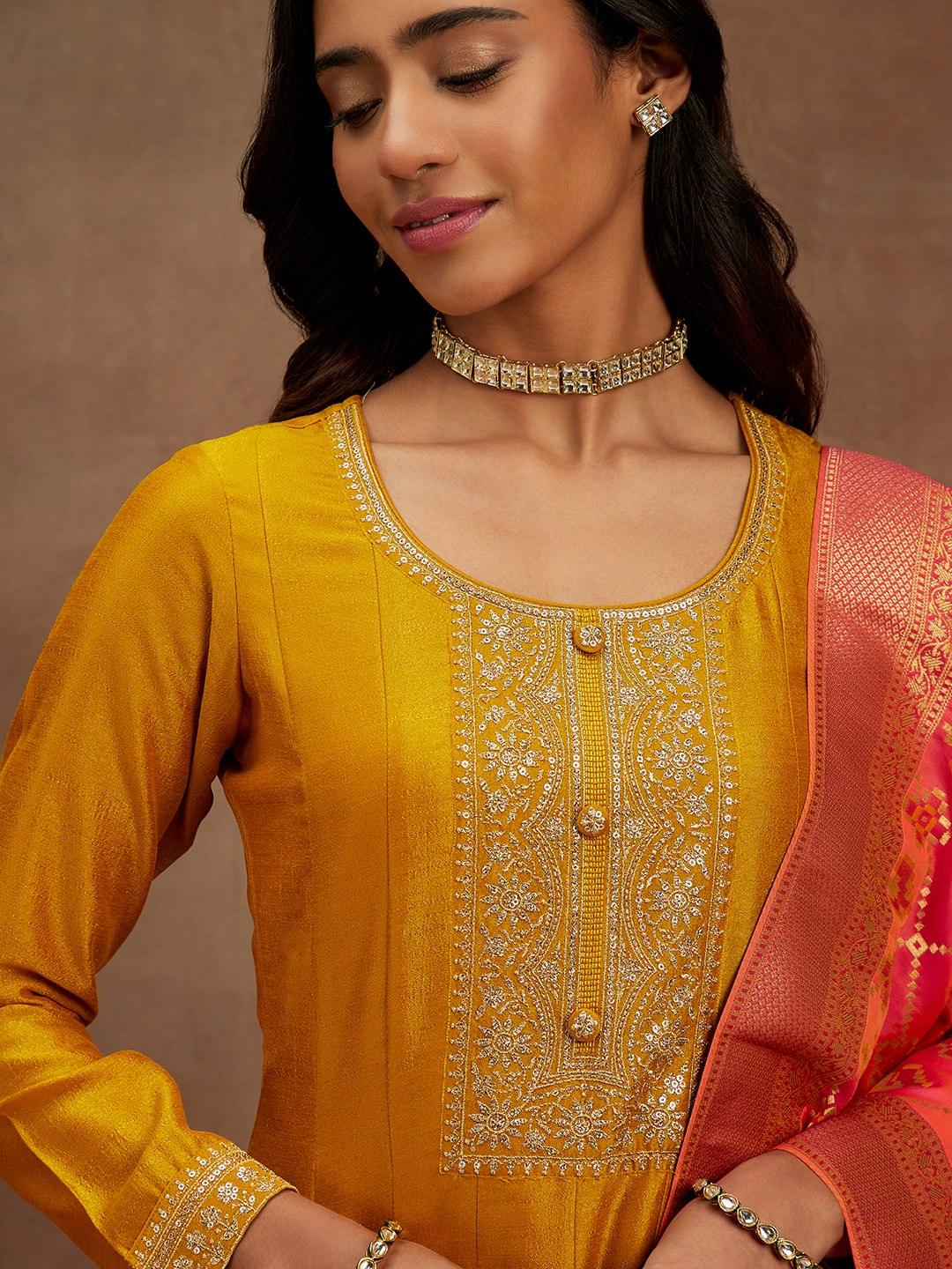 Mustard Yoke Design Silk Blend Anarkali Kurta With Trousers & Dupatta - Libas