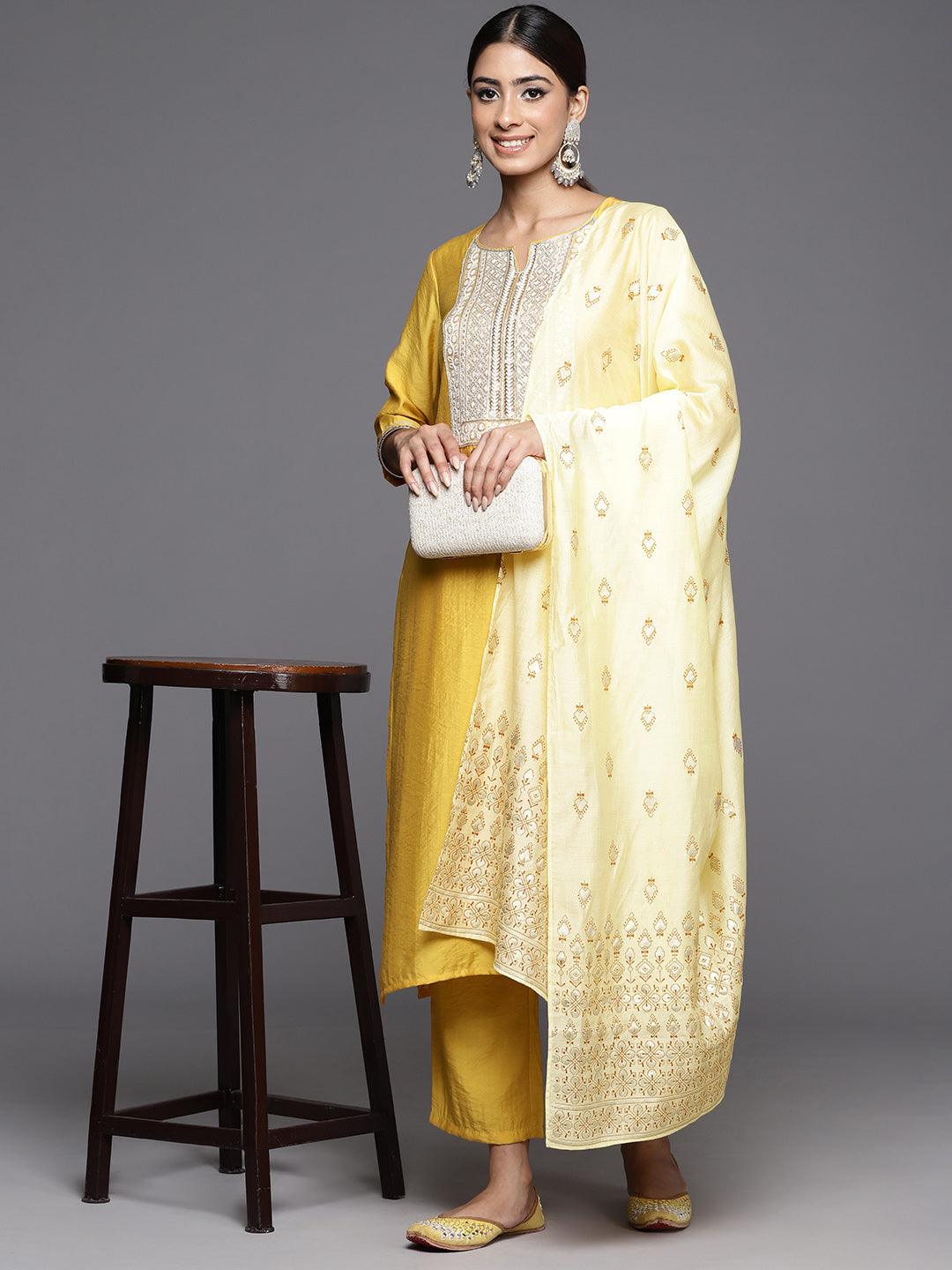 Mustard Yoke Design Silk Blend Straight Kurta With Trousers & Dupatta - Libas