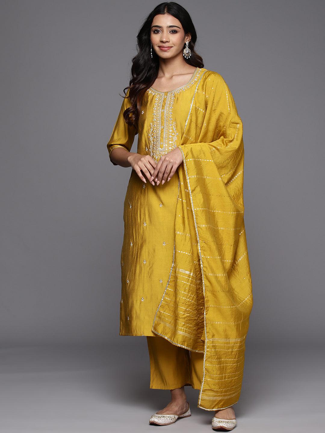 Mustard Yoke Design Silk Blend Straight Kurta With Trousers & Dupatta - Libas 