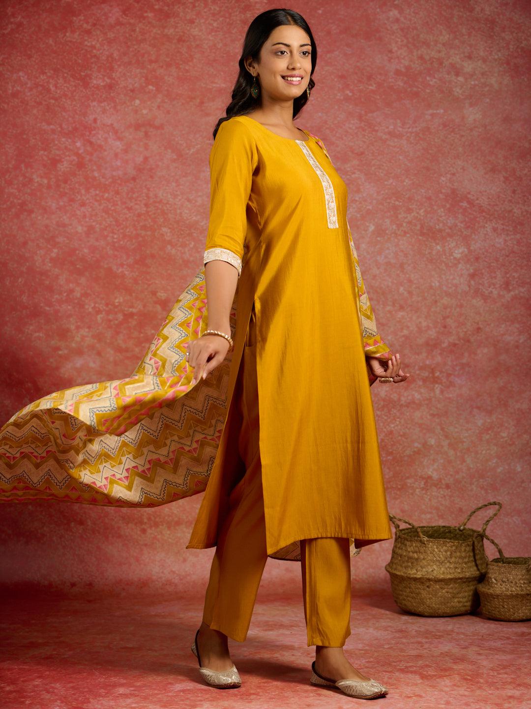 Mustard Yoke Design Silk Blend Straight Kurta With Trousers & Dupatta - Libas 