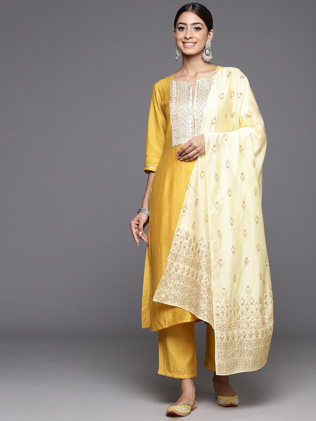 Mustard Yoke Design Silk Blend Straight Kurta With Trousers & Dupatta - Libas 