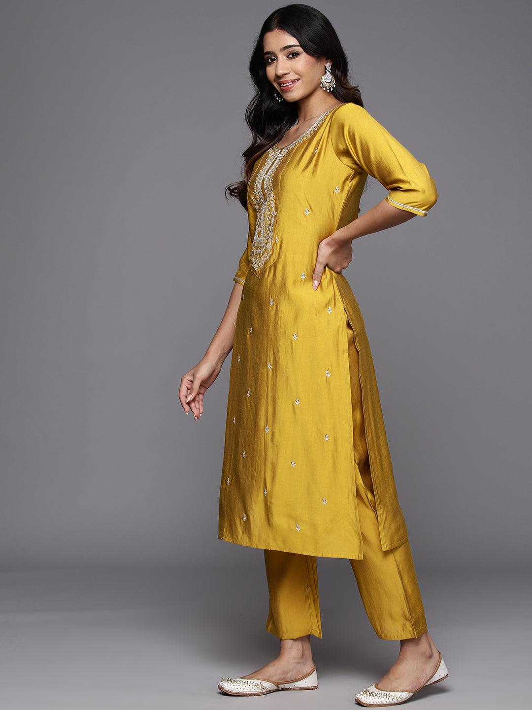 Mustard Yoke Design Silk Blend Straight Kurta With Trousers & Dupatta - Libas 