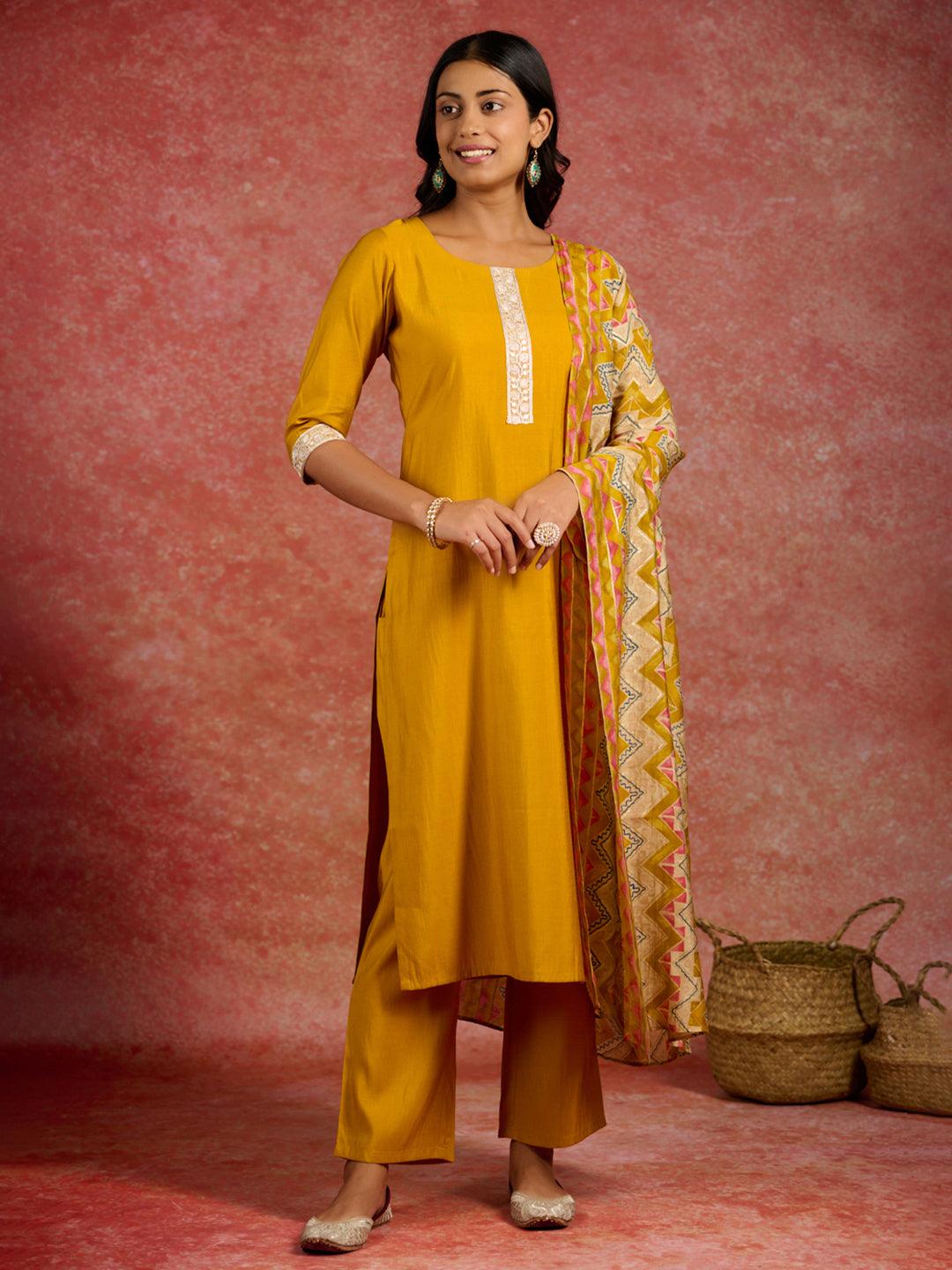 Mustard Yoke Design Silk Blend Straight Kurta With Trousers & Dupatta - Libas 