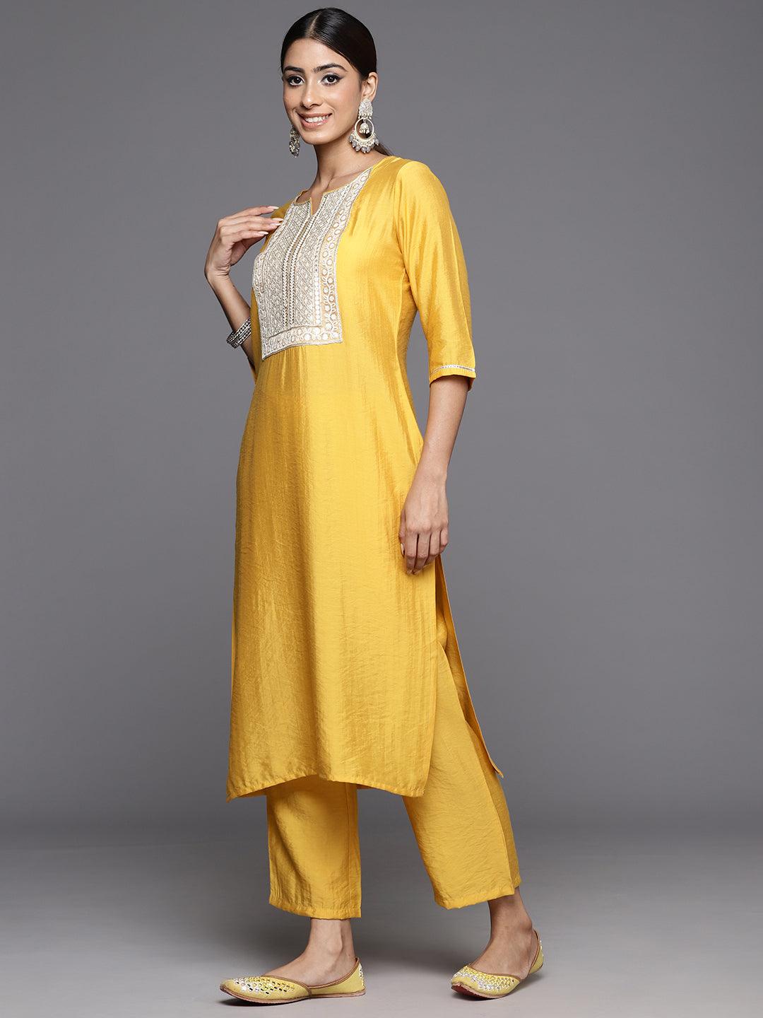 Mustard Yoke Design Silk Blend Straight Kurta With Trousers & Dupatta - Libas 