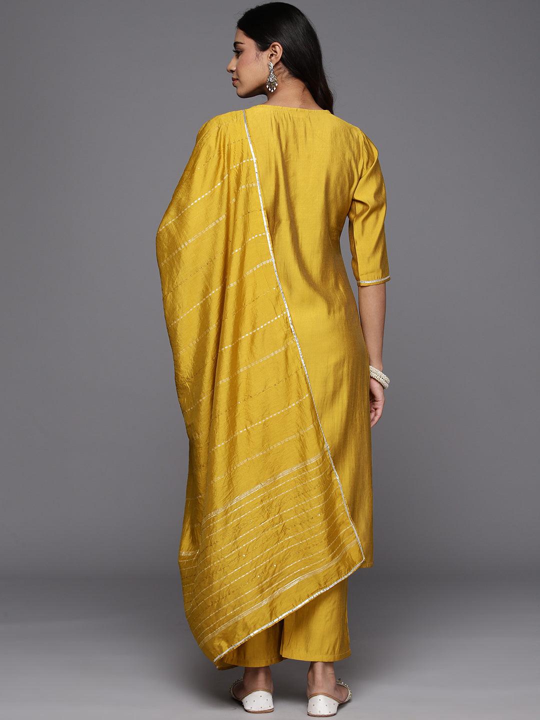 Mustard Yoke Design Silk Blend Straight Kurta With Trousers & Dupatta - Libas 