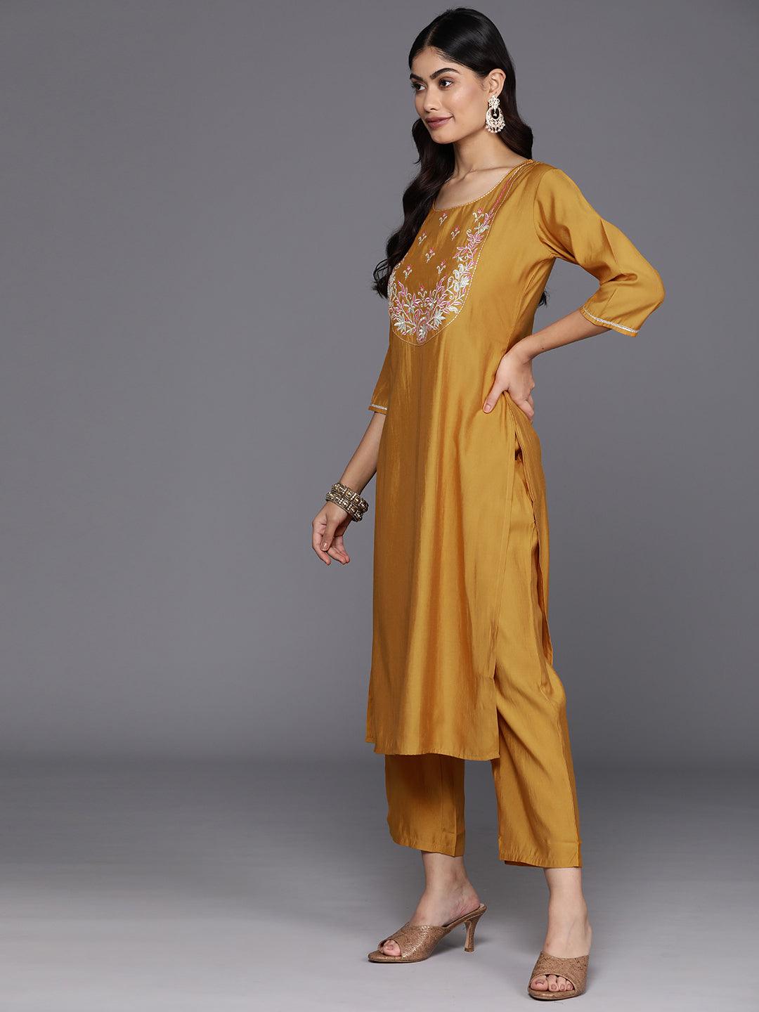 Mustard Yoke Design Silk Blend Straight Kurta With Trousers & Dupatta - Libas