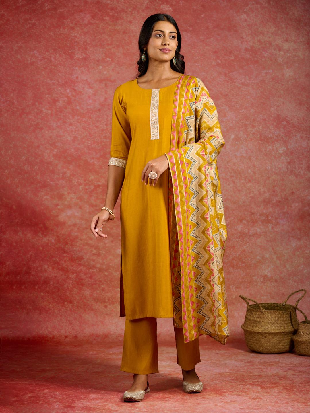 Mustard Yoke Design Silk Blend Straight Kurta With Trousers & Dupatta - Libas 