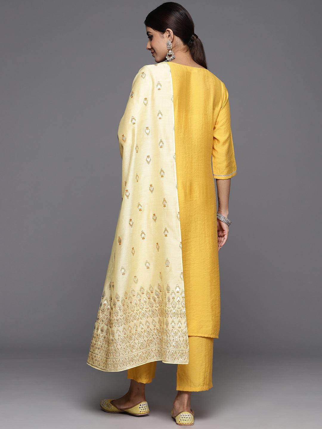 Mustard Yoke Design Silk Blend Straight Kurta With Trousers & Dupatta - Libas 