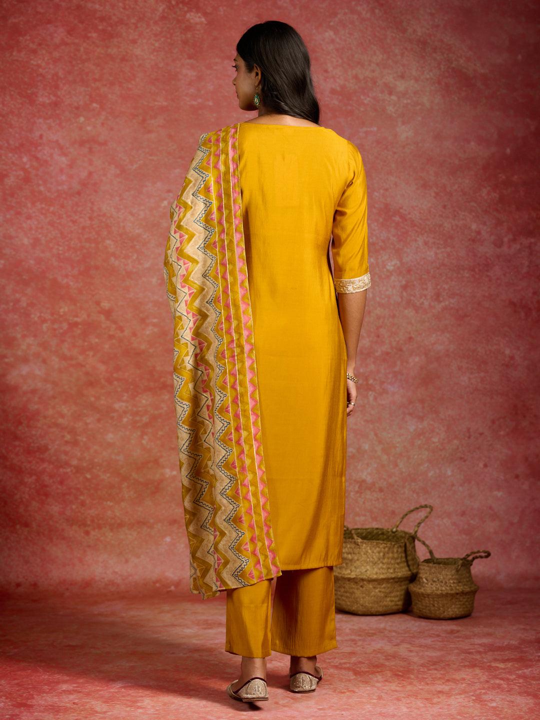 Mustard Yoke Design Silk Blend Straight Kurta With Trousers & Dupatta - Libas 