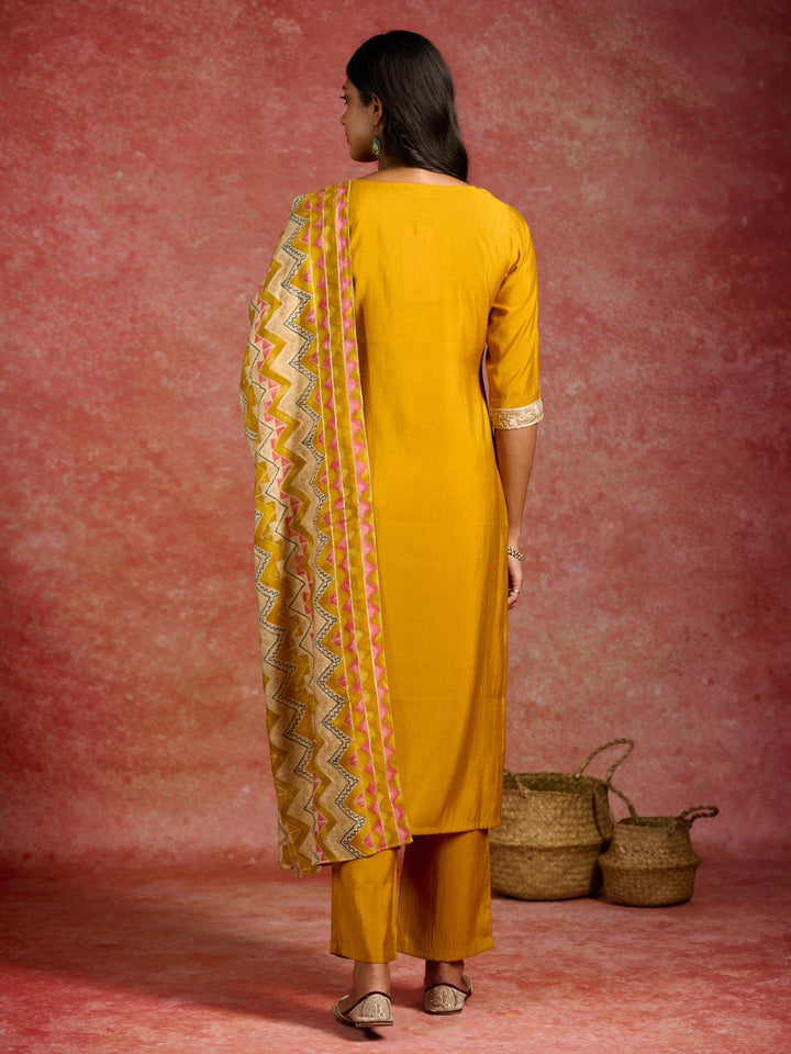 Mustard Yoke Design Silk Blend Straight Kurta With Trousers & Dupatta - Libas