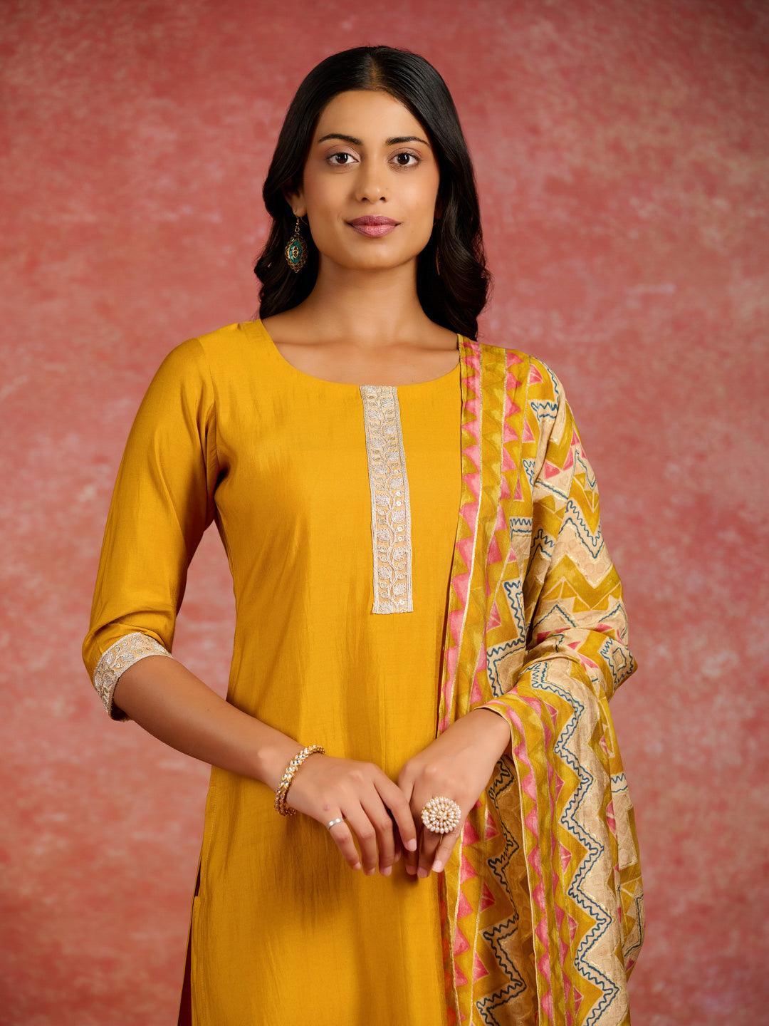 Mustard Yoke Design Silk Blend Straight Kurta With Trousers & Dupatta - Libas 