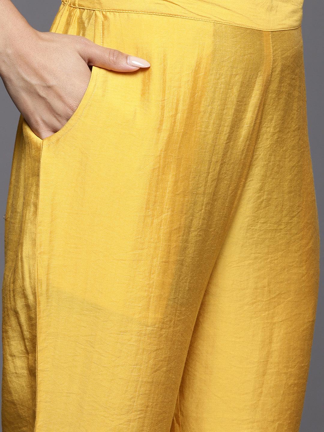 Mustard Yoke Design Silk Blend Straight Kurta With Trousers & Dupatta - Libas 