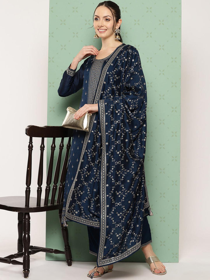 Navy Blue Embroidered Silk Blend Straight Kurta With Trousers & Dupatta - Libas